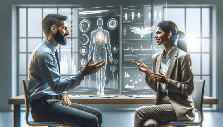 Emprendedores conversando frente a una pantalla con datos sobre salud digital