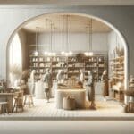 Interior moderno de un mercado con productos artesanales y ambiente colaborativo