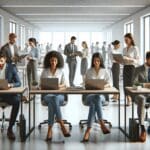 Oficinas modernas con empleados trabajando en laptops en un entorno tecnológico