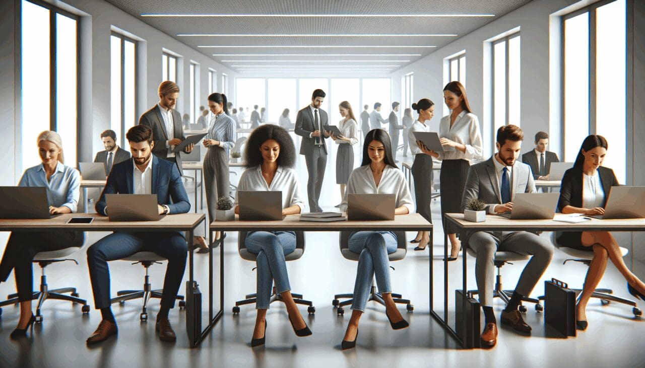 Oficinas modernas con empleados trabajando en laptops en un entorno tecnológico