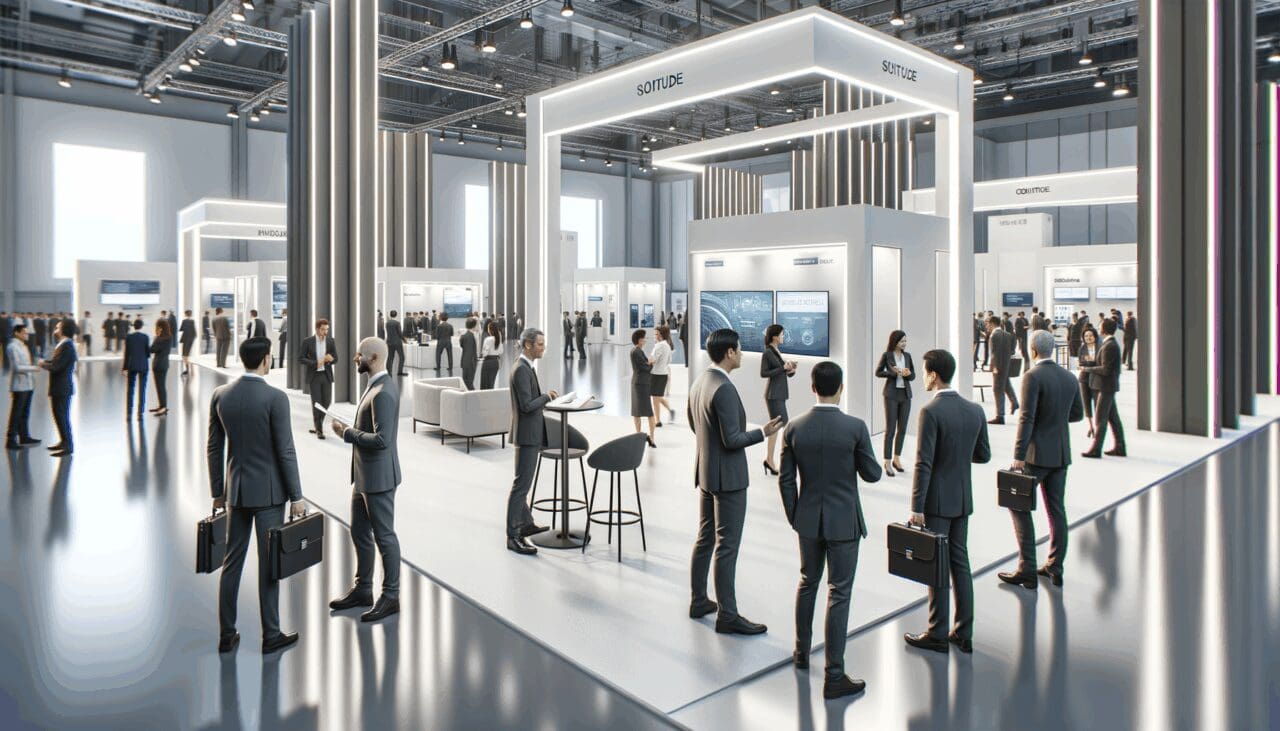 Interior de una feria tecnológica con stands modernos y empresarios conversando