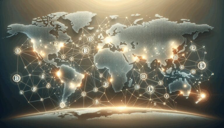 Ilustración digital de un mapa mundial con nodos conectados representando transacciones cripto