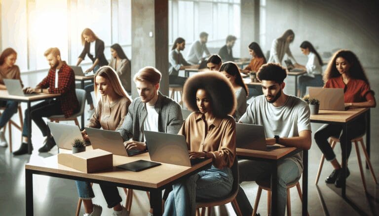 Jóvenes emprendedores trabajando con laptops en un espacio de coworking moderno