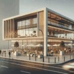 Edificio moderno frente al mar con una estructura de coworking y señales tecnológicas