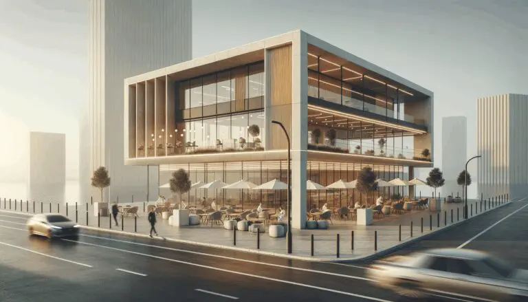 Edificio moderno frente al mar con una estructura de coworking y señales tecnológicas