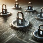 Primer plano de una interfaz digital con candados y estructuras de datos que representan ciberseguridad