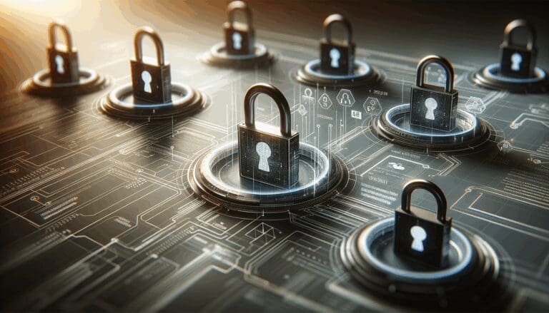 Primer plano de una interfaz digital con candados y estructuras de datos que representan ciberseguridad