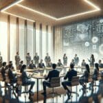 Grupo de emprendedores y funcionarios en una reunión tecnológica en un espacio moderno