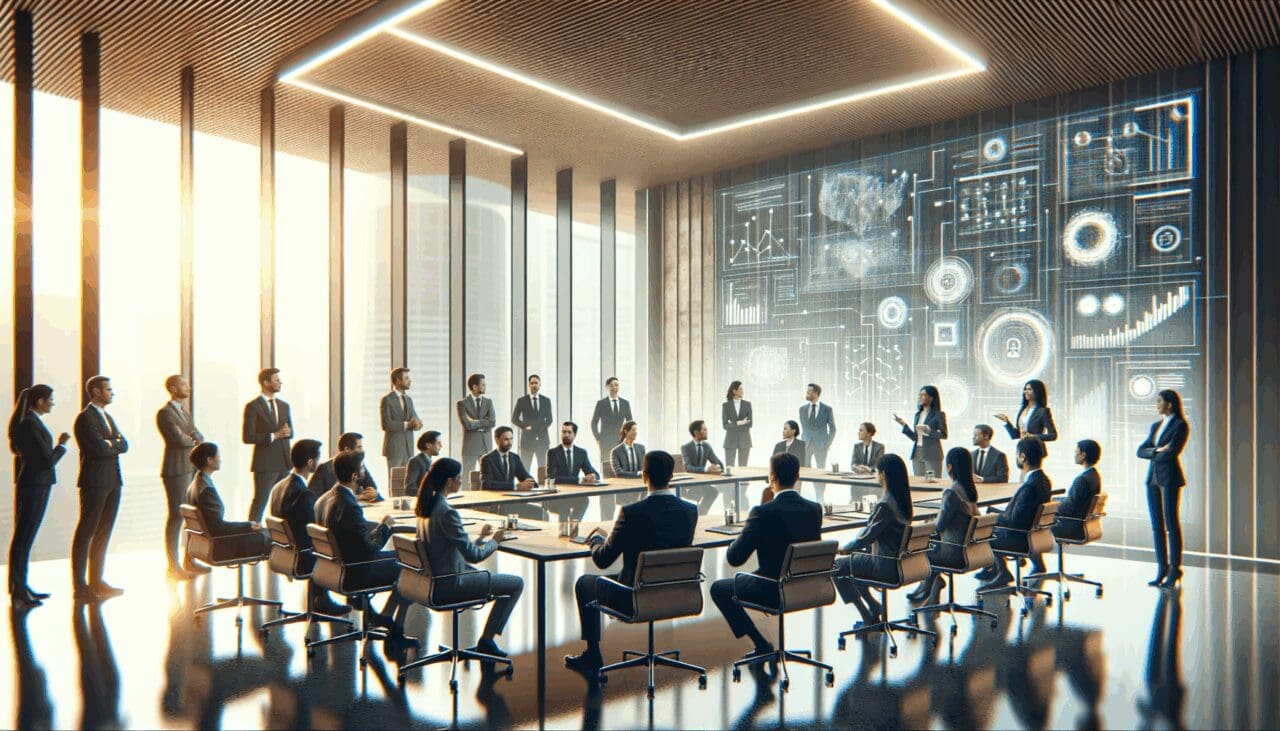Grupo de emprendedores y funcionarios en una reunión tecnológica en un espacio moderno