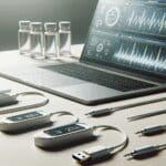 Primer plano de sensores médicos sobre una mesa junto a una laptop con datos en pantalla