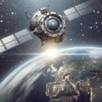 Satélite en órbita baja sobre la Tierra, con fondo estelar y detalles tecnológicos