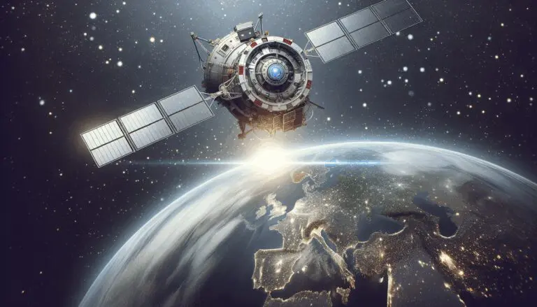 Satélite en órbita baja sobre la Tierra, con fondo estelar y detalles tecnológicos