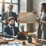 Personas en un espacio coworking moderno analizando gráficos de crecimiento en una laptop