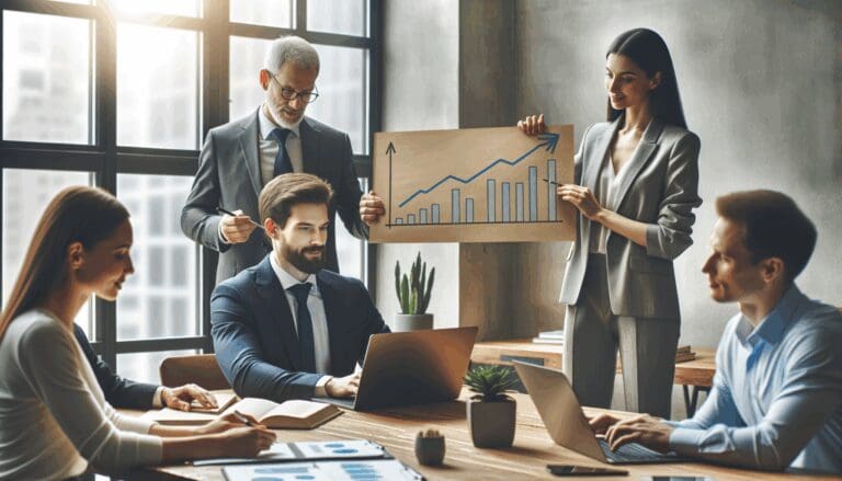 Personas en un espacio coworking moderno analizando gráficos de crecimiento en una laptop