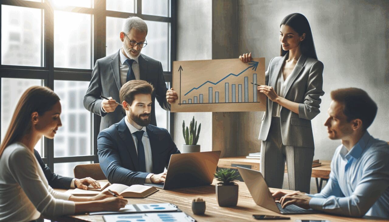 Personas en un espacio coworking moderno analizando gráficos de crecimiento en una laptop