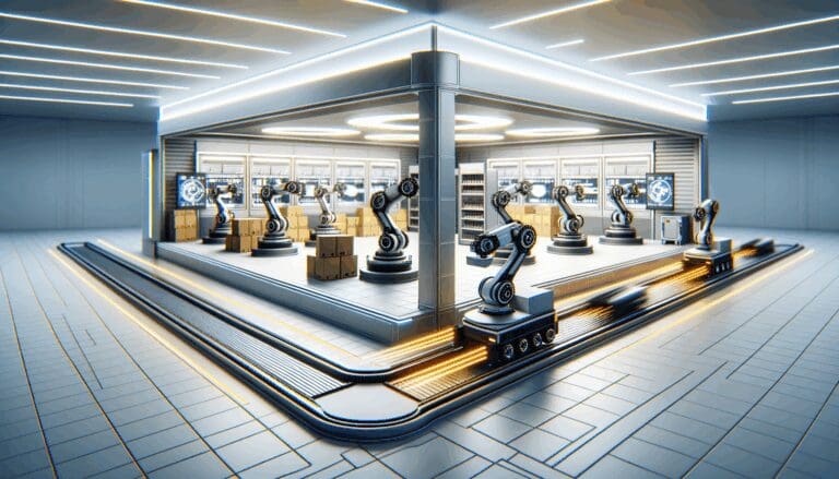 Centro logístico automatizado con tecnología moderna y robots en movimiento