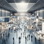 Interior de un centro de convenciones moderno con stands tecnológicos y asistentes interactuando