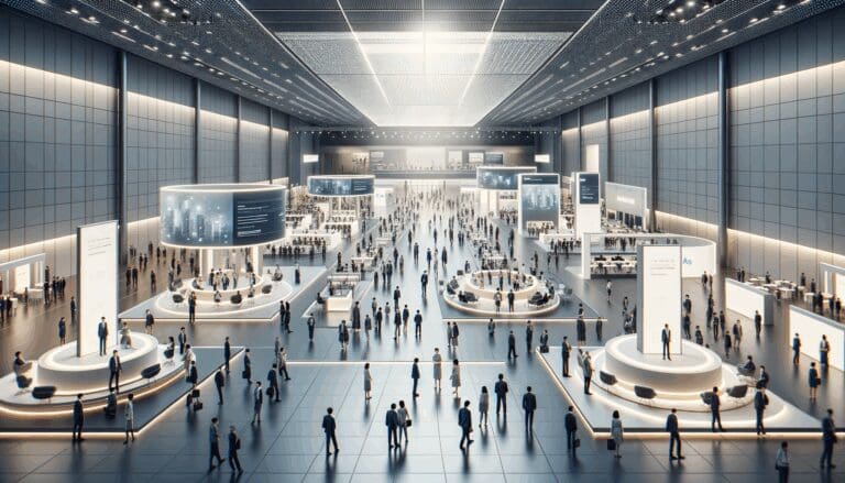 Interior de un centro de convenciones moderno con stands tecnológicos y asistentes interactuando