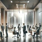 Emprendedores conversando en un moderno centro de innovación tecnológico