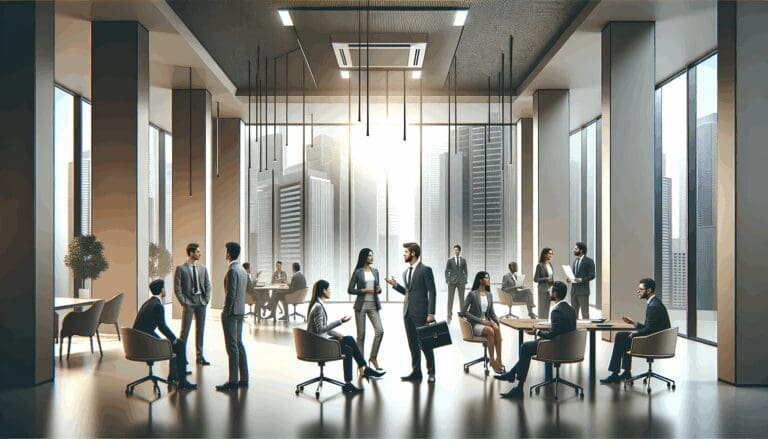 Emprendedores conversando en un moderno centro de innovación tecnológico