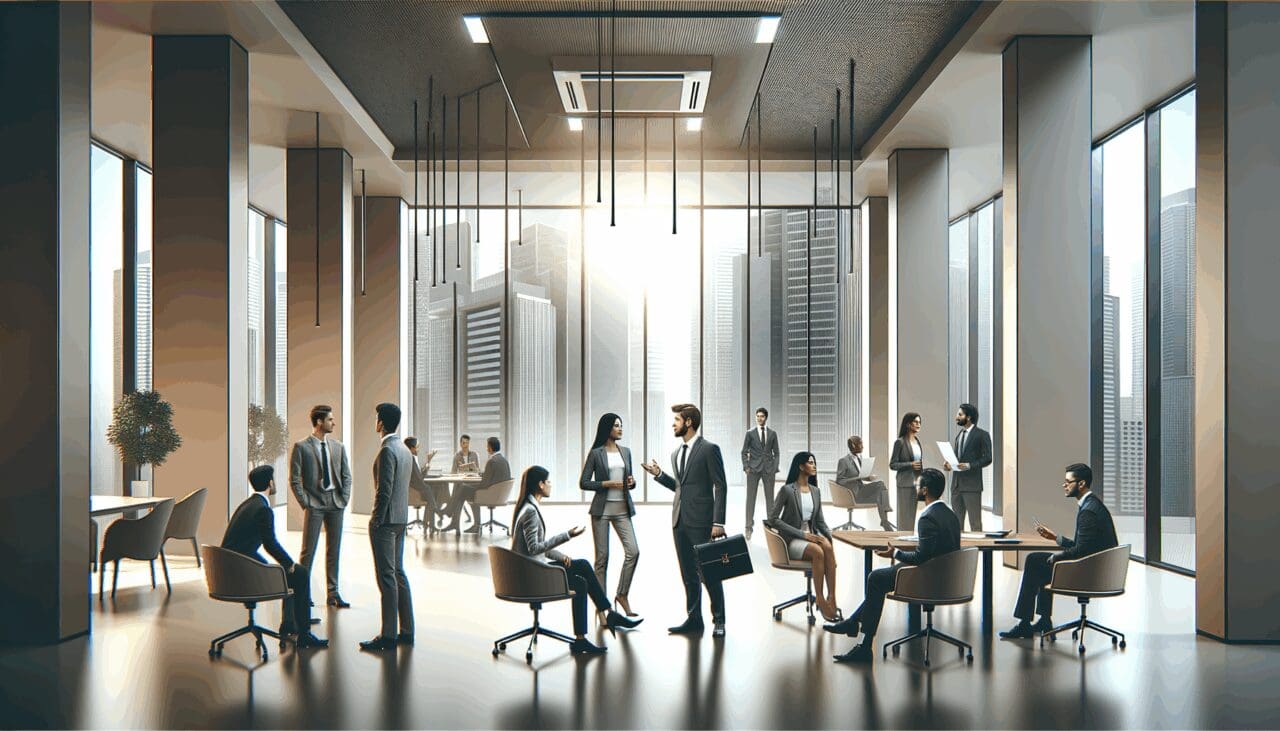 Emprendedores conversando en un moderno centro de innovación tecnológico