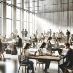 Espacio de coworking moderno con personas trabajando en sus laptops
