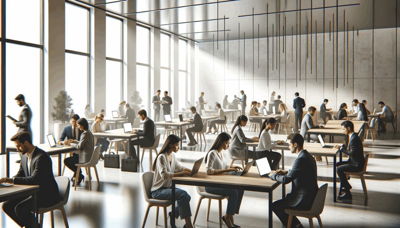 Espacio de coworking moderno con personas trabajando en sus laptops