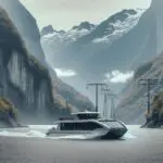 Barco eléctrico navegando entre fiordos rodeados de vegetación en el sur de Chile