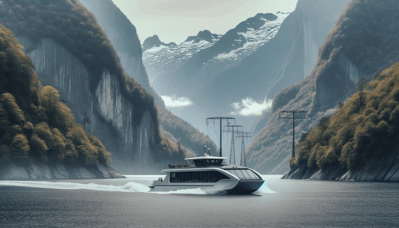 Barco eléctrico navegando entre fiordos rodeados de vegetación en el sur de Chile