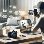 Persona tomando fotos de productos en casa para vender online, con un portátil y teléfono móvil en una mesa