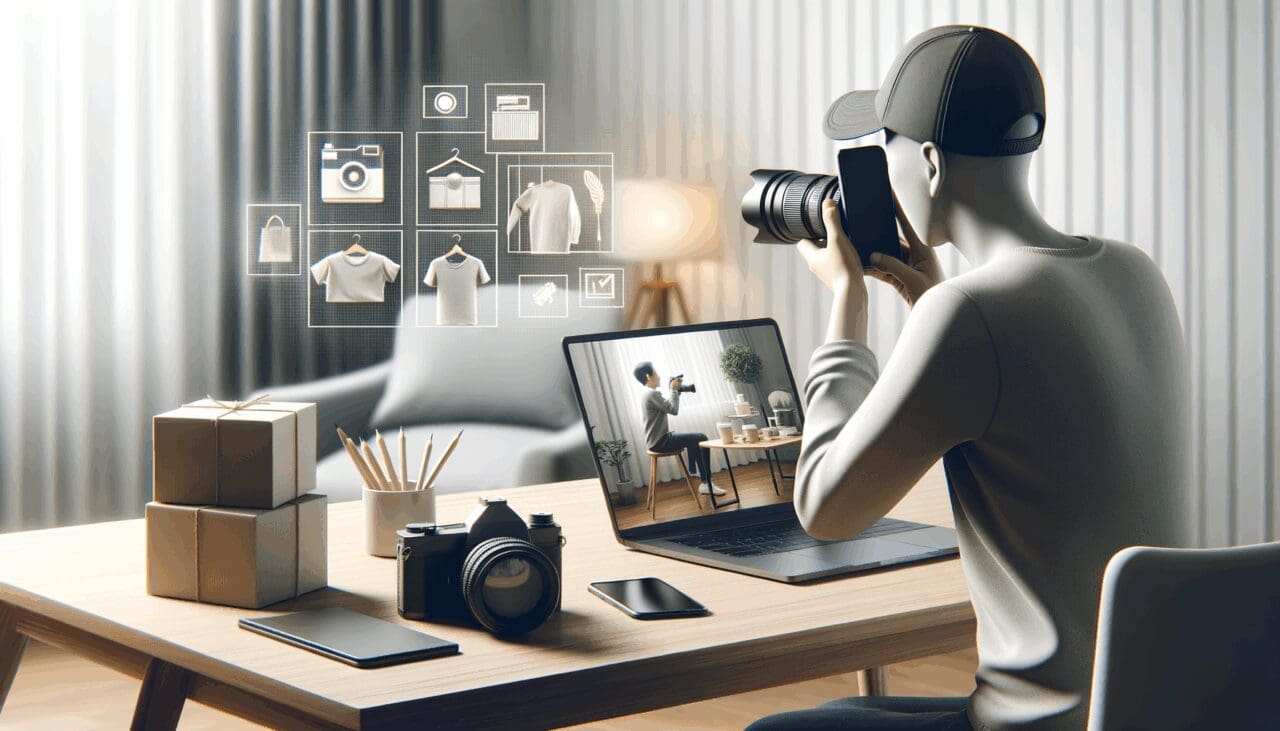 Persona tomando fotos de productos en casa para vender online, con un portátil y teléfono móvil en una mesa