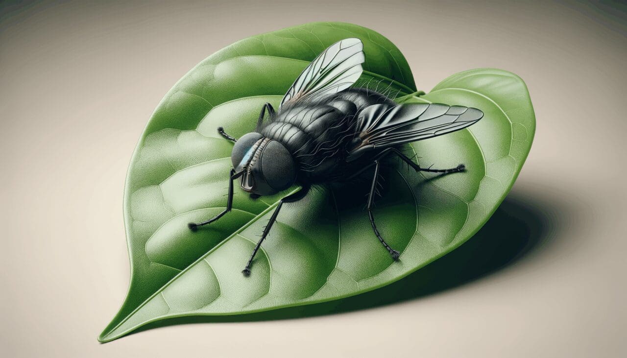 Primer plano de una mosca negra sobre una hoja verde brillante.