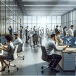 Interior moderno de una fintech con personas trabajando frente a pantallas digitales