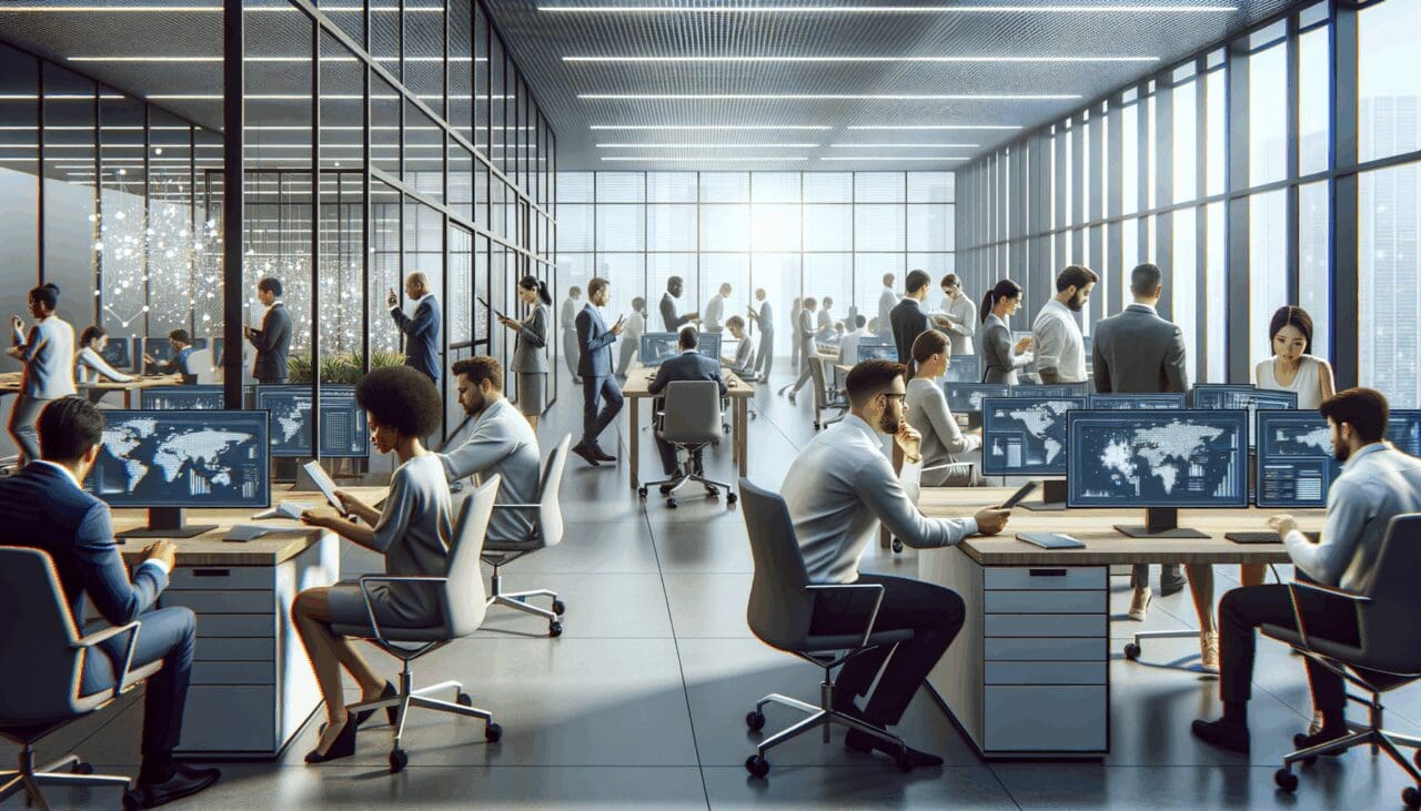 Interior moderno de una fintech con personas trabajando frente a pantallas digitales