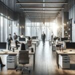 Interior moderno de una oficina con equipos tecnológicos y emprendedores colaborando