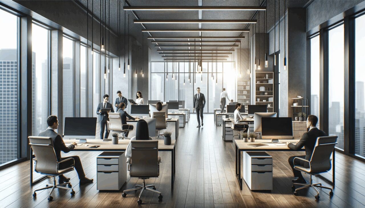 Interior moderno de una oficina con equipos tecnológicos y emprendedores colaborando