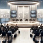 Sala de conferencias moderna con expositores tecnológicos y banners digitales, ambiente profesional y público atento