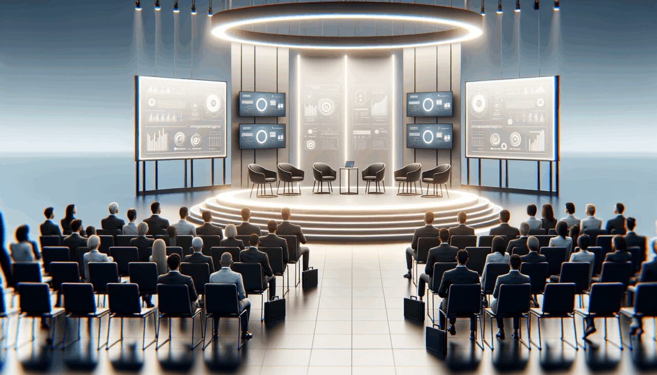 Sala de conferencias moderna con expositores tecnológicos y banners digitales, ambiente profesional y público atento