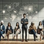 Grupo diverso de emprendedores presentando sus startups en un moderno auditorio de innovación