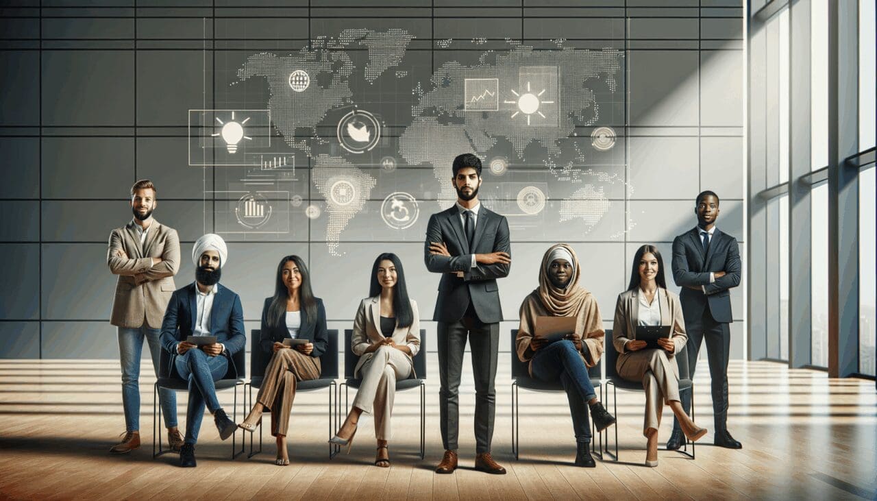 Grupo diverso de emprendedores presentando sus startups en un moderno auditorio de innovación