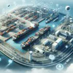 Vista aérea de instalaciones portuarias con contenedores y tecnología de vigilancia