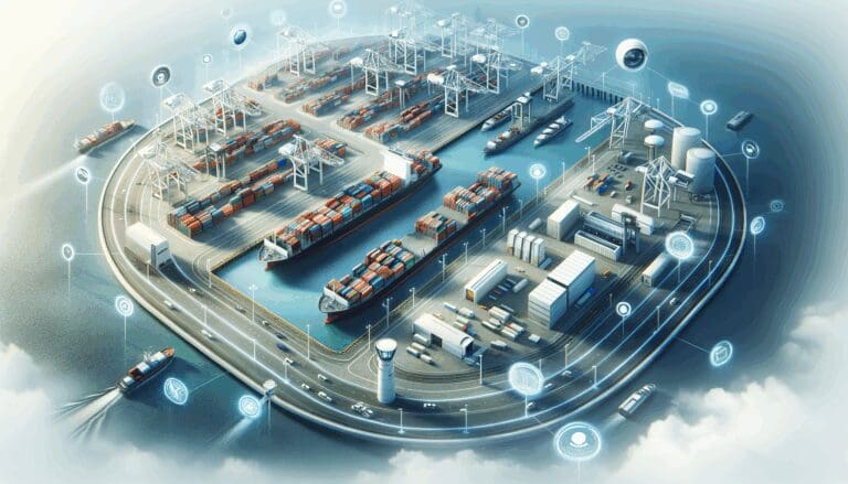 Vista aérea de instalaciones portuarias con contenedores y tecnología de vigilancia