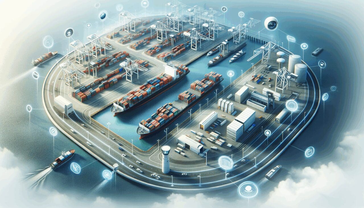 Vista aérea de instalaciones portuarias con contenedores y tecnología de vigilancia