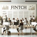 Oficinas modernas de una fintech con empleados trabajando en laptops
