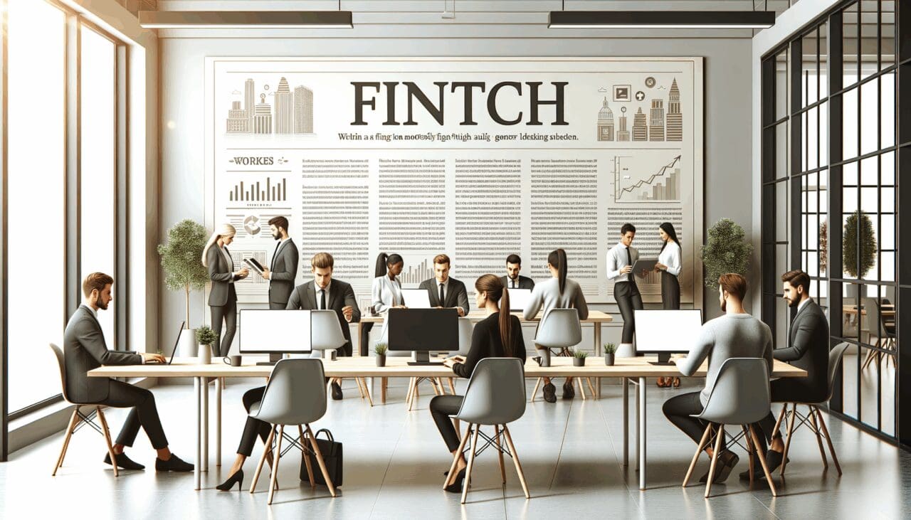 Oficinas modernas de una fintech con empleados trabajando en laptops
