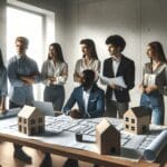 Jóvenes emprendedores colaborando en una oficina moderna con planos de vivienda sobre la mesa