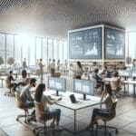 Personas colaborando en un espacio de coworking moderno con pantallas y laptops