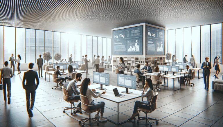 Personas colaborando en un espacio de coworking moderno con pantallas y laptops