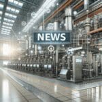 Fábrica moderna con visualizaciones digitales superpuestas sobre maquinaria industrial