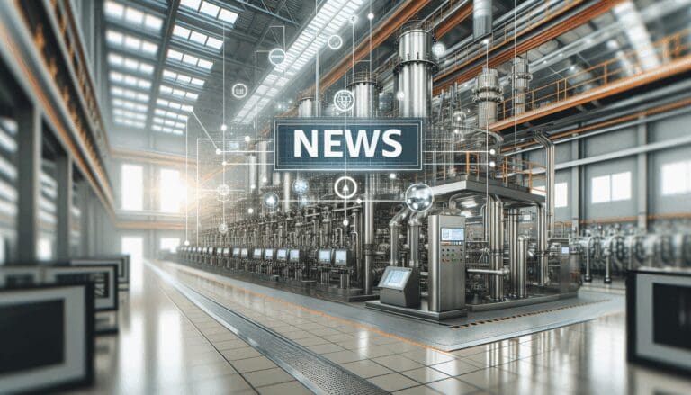 Fábrica moderna con visualizaciones digitales superpuestas sobre maquinaria industrial